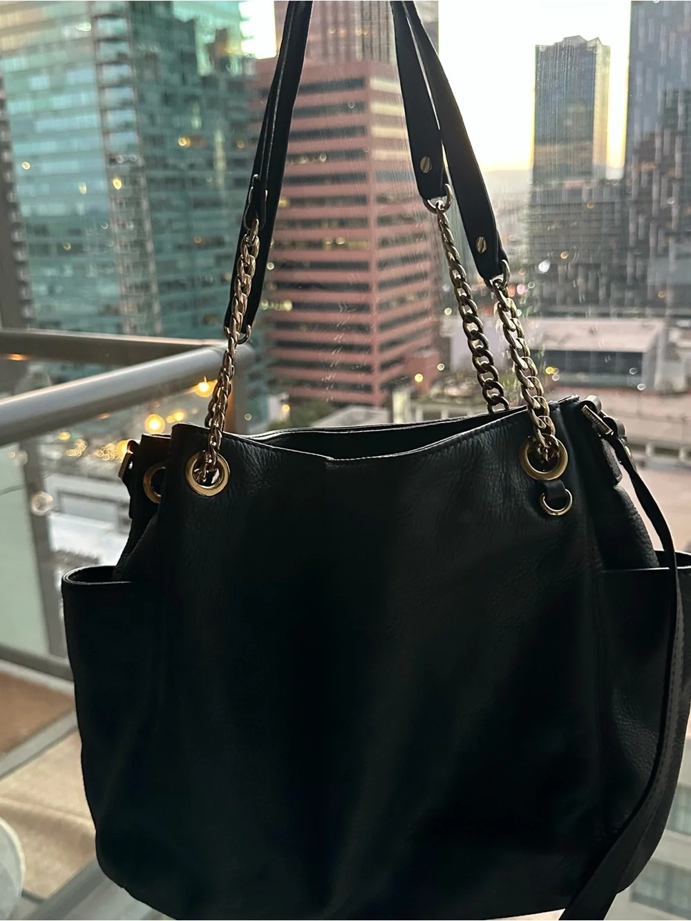 Michael Kors Black Leather Shoulder Bag with Gold Hardware